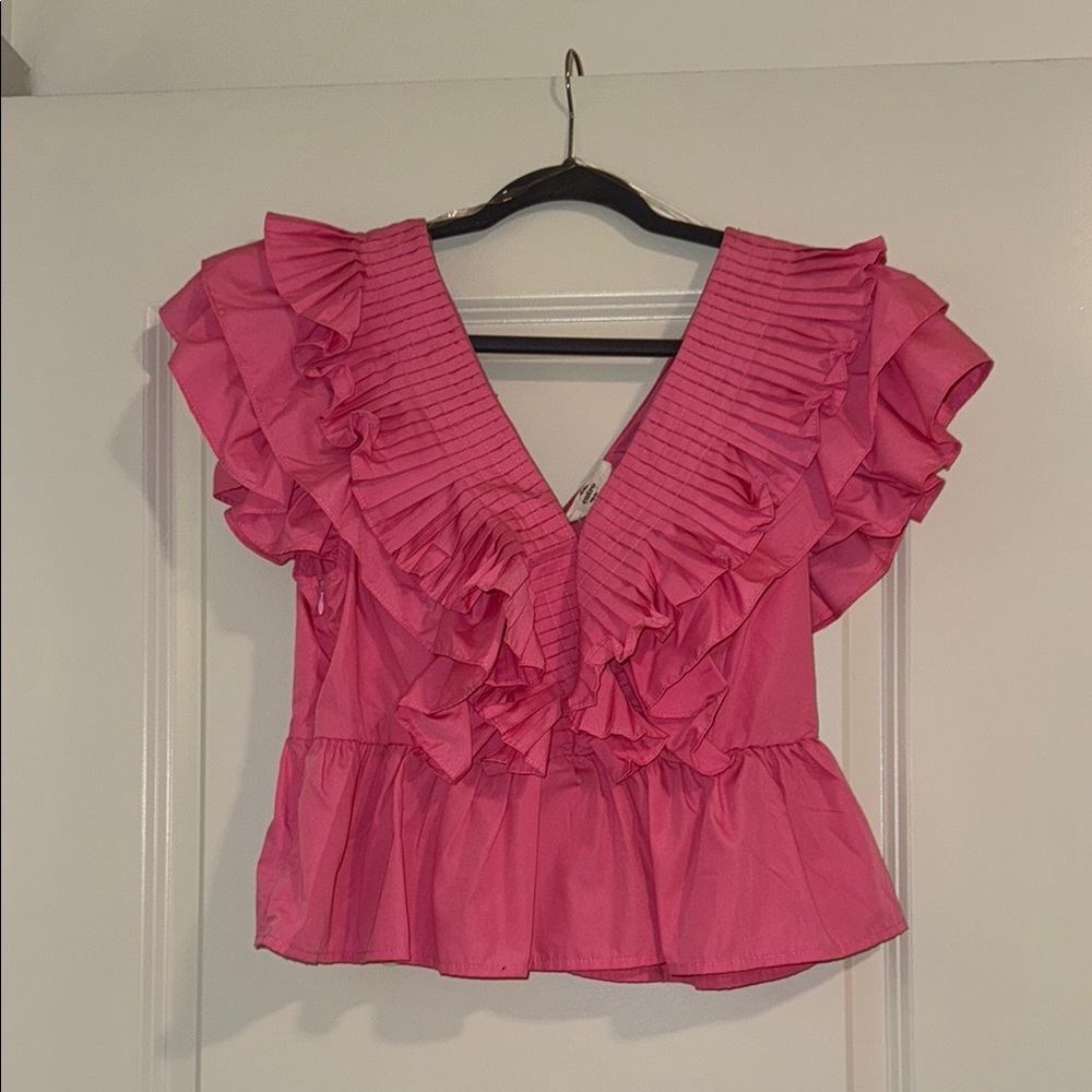 Pink Ruffled V-Neck Women's Top